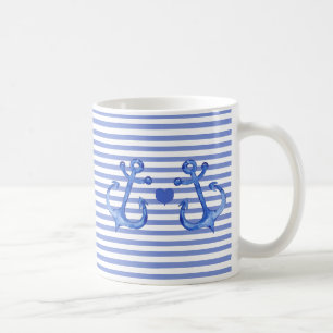 Love Coffee Magに航海のアンカーされた海軍のストライプ コーヒーマグカップ