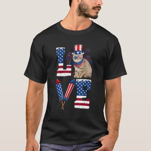 LOVE Costume American Flag Fireworks Scottish Fold Tシャツ (正面)