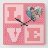 Love Couple Photo Pink Hearts Pattern Valentines スクエア壁時計 (正面)