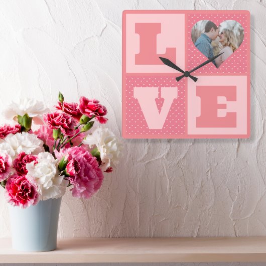 Love Couple Photo Pink Hearts Pattern Valentines スクエア壁時計