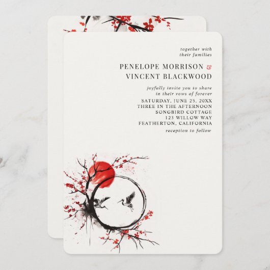 Love Cranes and Cherry Blossom Wedding Invitation 招待状 (正面/裏面)