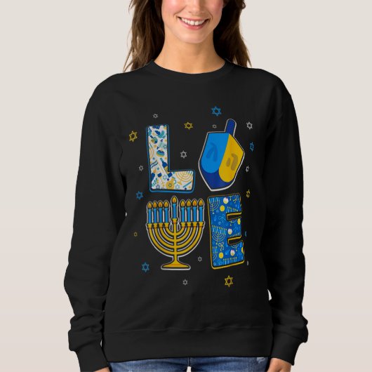 Love Cute Hanukkah Decorations Dreidel Menorah Cha スウェットシャツ (正面)