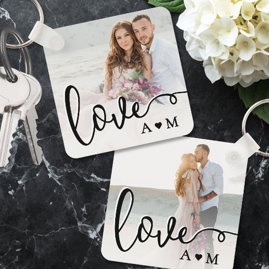 Love Elegant Script カップル2枚写真 キーホルダー