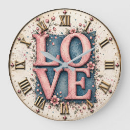LOVE Floral Romantic Pink Flower ラージ壁時計