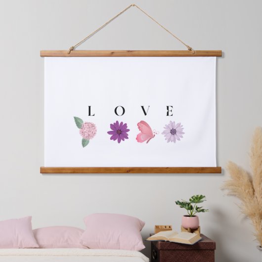 LOVE Floral Wall Art – Romantic Botanical Print  吊り下げ型タペストリー (寝室)