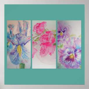 Love Flowers Floral Watercolor Turquoise Poster ポスター