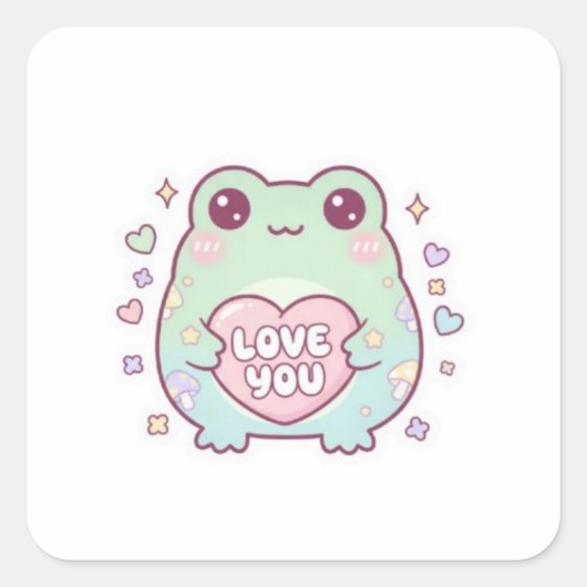 Love Frog Sticker Cute Frog Holding Heart Romantic スクエアシール (正面)