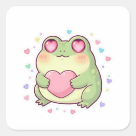 Love Frog Sticker Cute Romantic Frog Heart Kawaii  スクエアシール