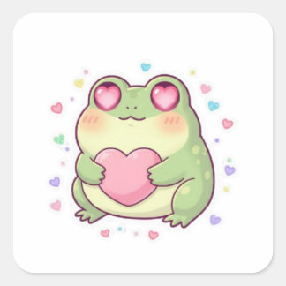 Love Frog Sticker Cute Romantic Frog Heart Kawaii  スクエアシール