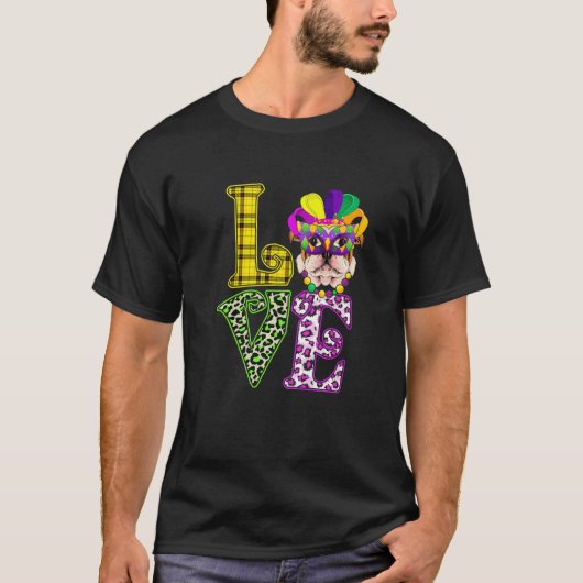LOVE Funny Mardi Gras French Bulldog Dog Leopard P Tシャツ (正面)