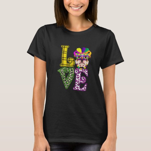 LOVE Funny Mardi Gras French Bulldog Dog Leopard P Tシャツ (正面)