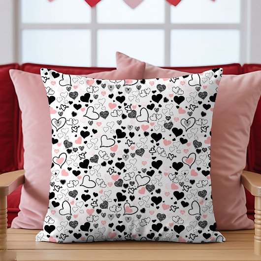 Love Gift Pillow Pink and Black Hand Drawn Hearts クッション