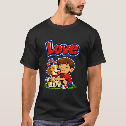 Love Glow – 男の子と犬のハグ Tシャツ (正面)