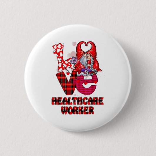 Love Gnome Healthcare Worker Valentines Day Heart  缶バッジ (正面)