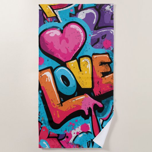 Love Graffiti Heart Pop Art Illustration ビーチタオル (正面)