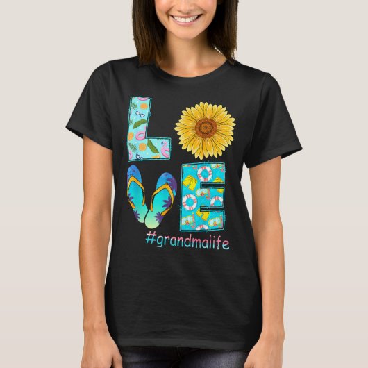 LOVE Grandma Life Flip Flops Hippie Sunflower Tシャツ (正面)