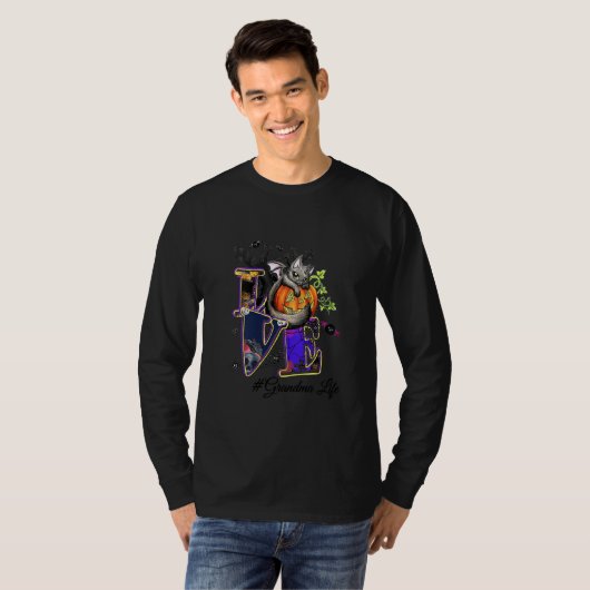 LOVE GRANDMA life Pumpkin Halloween Black cat Tシャツ (正面フル)