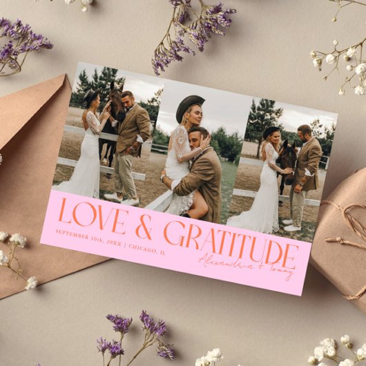 Love & Gratitude オレンジ ピンク 結婚式 マルチ 写真 サンキューカード