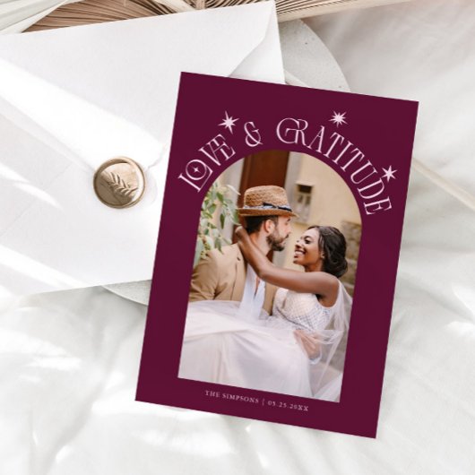 Love & Gratitude Minimal Wedding Photo Cranberry サンキューカード