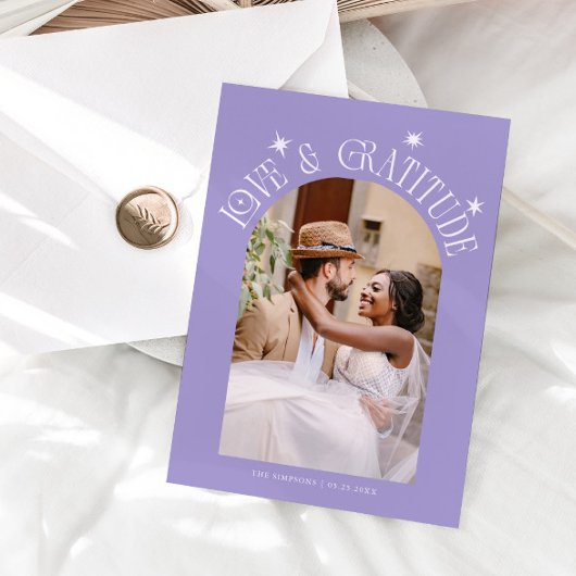Love & Gratitude Minimal Wedding Photo Lilac サンキューカード