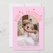Love & Gratitude Minimal Wedding Photo Orange Pink サンキューカード (正面)