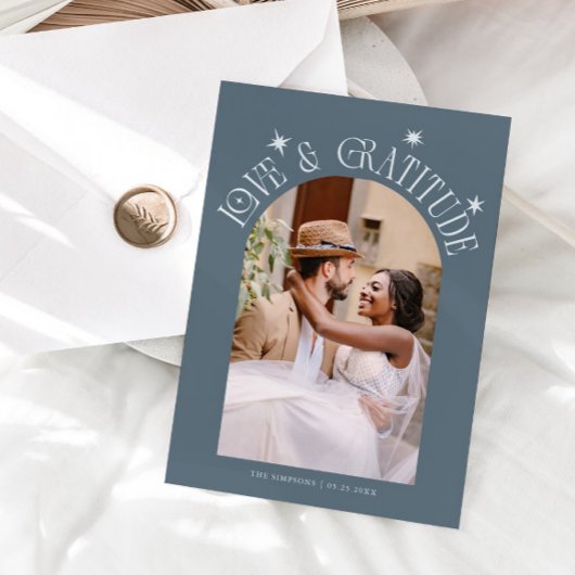 Love & Gratitude Minimal Wedding Photo Slate Blue サンキューカード