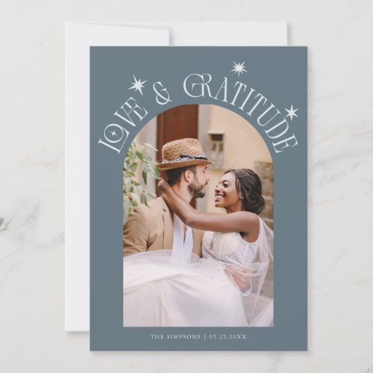 Love & Gratitude Minimal Wedding Photo Slate Blue サンキューカード (正面)