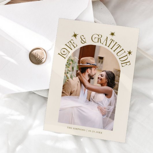 Love & Gratitude Minimalist Wedding Photo Cream サンキューカード