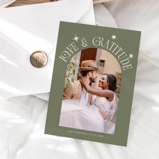 Love & Gratitude Minimalist Wedding Photo Sage サンキューカード