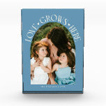 Love Grows Here Modern Arch Denim Blue フォトブロック<br><div class="desc">Modern and minimal family memory photo block featuring a photo in a arch frame with a text that says "Love Grows Here" with tiny hearts. Denim blue.</div>