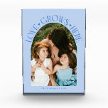Love Grows Here Modern Arch Icy Blue フォトブロック<br><div class="desc">Modern and minimal family memory photo block featuring a photo in a arch frame with a text that says "Love Grows Here" with tiny hearts. Icy blue.</div>