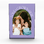 Love Grows Here Modern Arch Lilac フォトブロック<br><div class="desc">Modern and minimal family memory photo block featuring a photo in a arch frame with a text that says "Love Grows Here" with tiny hearts. Lilac.</div>