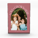 Love Grows Here Modern Arch Pink フォトブロック<br><div class="desc">Modern and minimal family memory photo block featuring a photo in a arch frame with a text that says "Love Grows Here" with tiny hearts. Pink.</div>