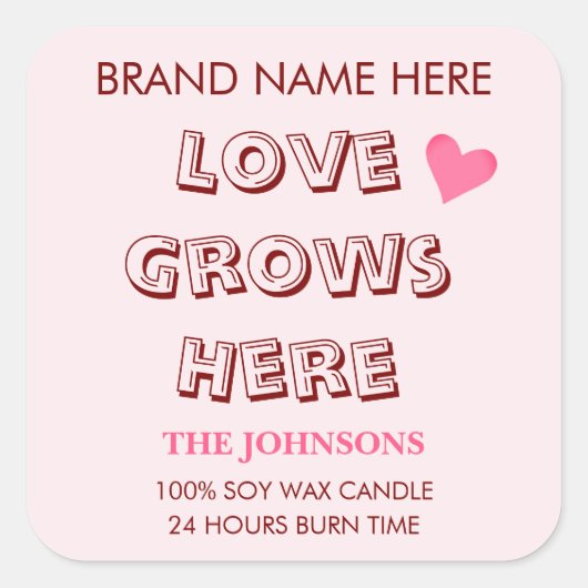 Love Grows Here | Valentine's Day Candle Labels  スクエアシール (正面)