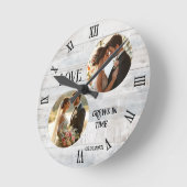 Love Grows in Time Rustic White Wood Wedding Photo ラウンド壁時計 (傾斜)