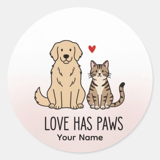 Love Has Paws | おしゃれな犬と猫のイラスト ラウンドシール (正面)
