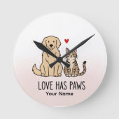 Love Has Paws | おしゃれな犬と猫のイラスト ラウンド壁時計 (正面)