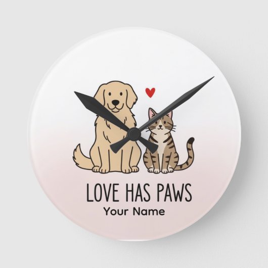 Love Has Paws | Cute Minimalist Dog and Cat Illust ラウンド壁時計 (正面)