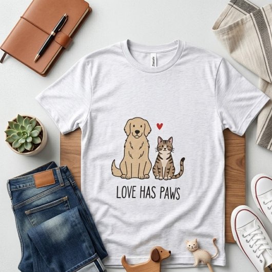 Love Has Paws | Cute Minimalist Dog and Cat Illust Tシャツ