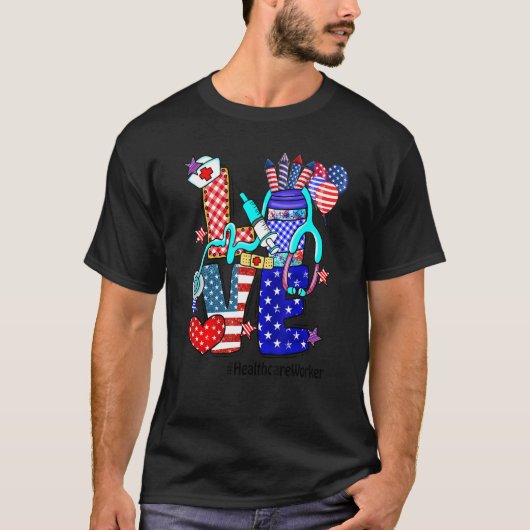 Love Healthcare Worker Stethoscope Fireworks Usa F Tシャツ (正面)
