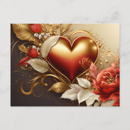 Love Heart and Floral red gold decorative Design シーズンポストカード