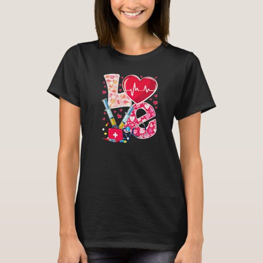 LOVE Heart Nurse Life Vanlentine RN Nursing Valent Tシャツ (正面)