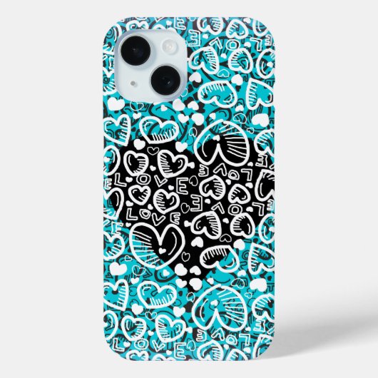 Love Heart Pattern Teal White iPhone Case Case-Mate iPhoneケース (裏面)