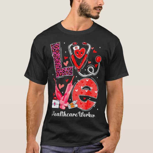 Love Heart Stethoscope Healthcare Worker Funny Val Tシャツ (正面)