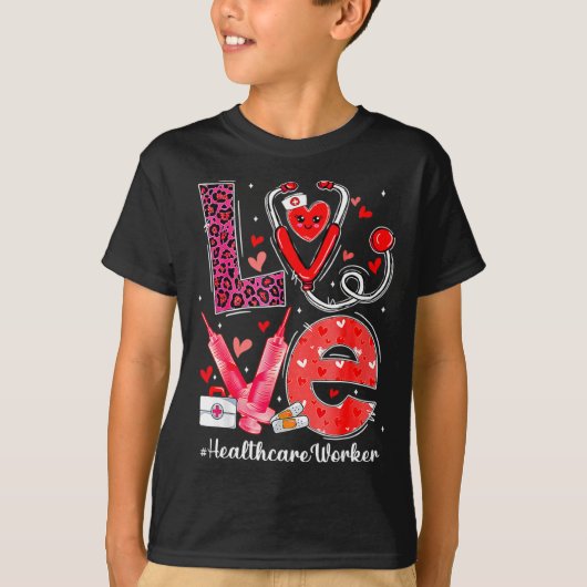 Love Heart Stethoscope Healthcare Worker Funny Val Tシャツ (正面)