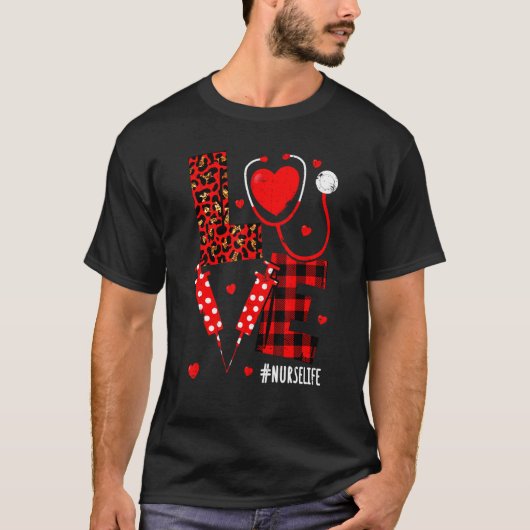 Love Heart Stethoscope Nurse Life Leopard Valentin Tシャツ (正面)