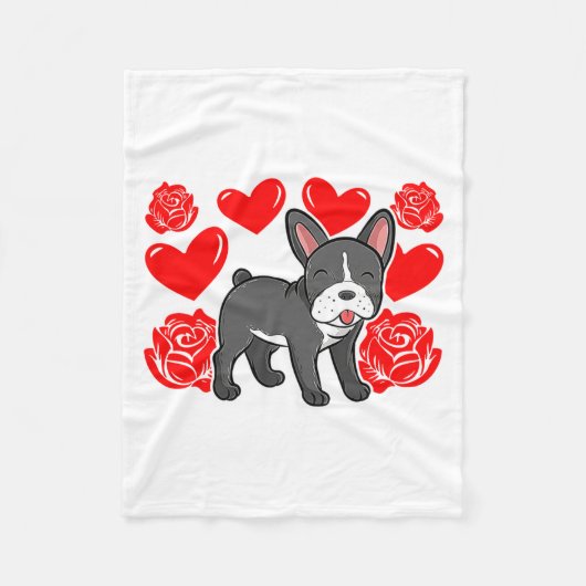 Love Heart Valentines Day Roses French Bulldog Bo  フリースブランケット (正面)