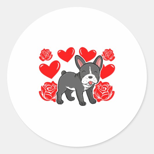 Love Heart Valentines Day Roses French Bulldog Bo ラウンドシール (正面)