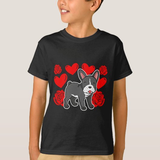 Love Heart Valentines Day Roses French Bulldog Bo Tシャツ (正面)