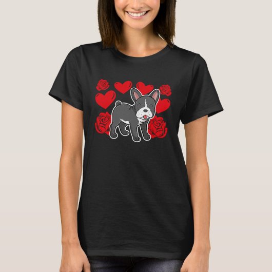 Love Heart Valentine's Day Roses French Bulldog Bo Tシャツ (正面)